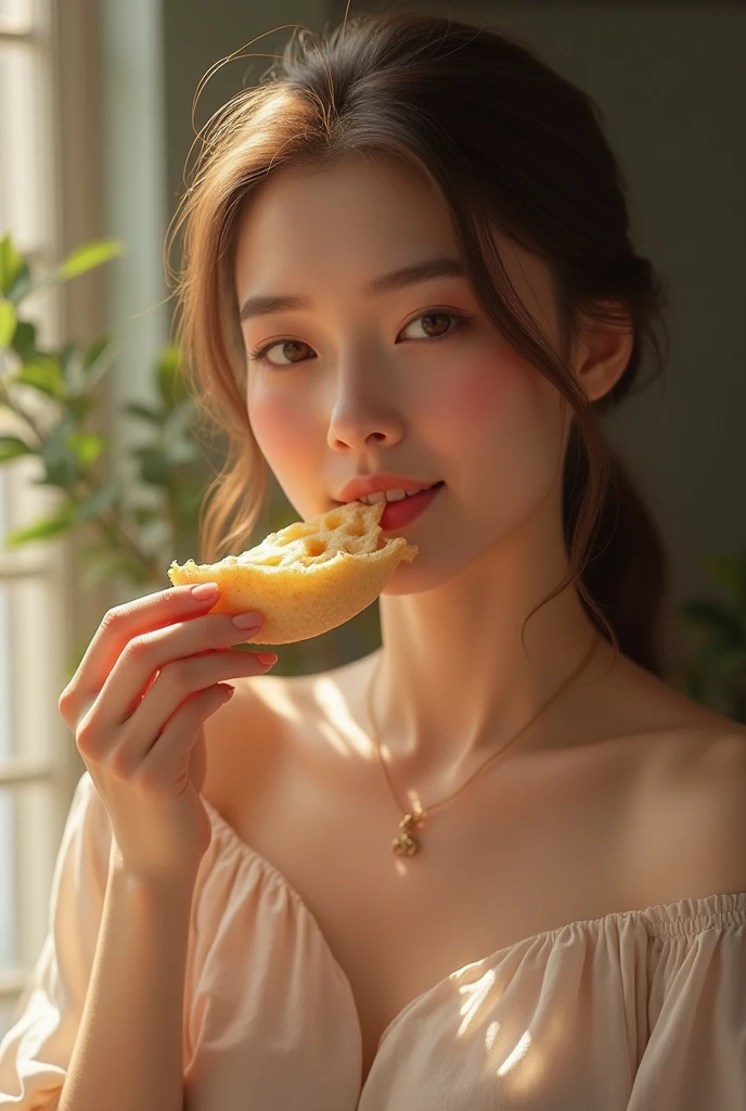 There was a woman eating pastry with a fork, Eating, delicacy, xintong chen, mouth is simple and pleasant, eating a mushroom, high quality portrait, Photo taken with Nikon D750, Photo taken with Nikon D 7 5 0, ulzzangs, with cute - fine - face, dilraba dilmurat, with seaweed