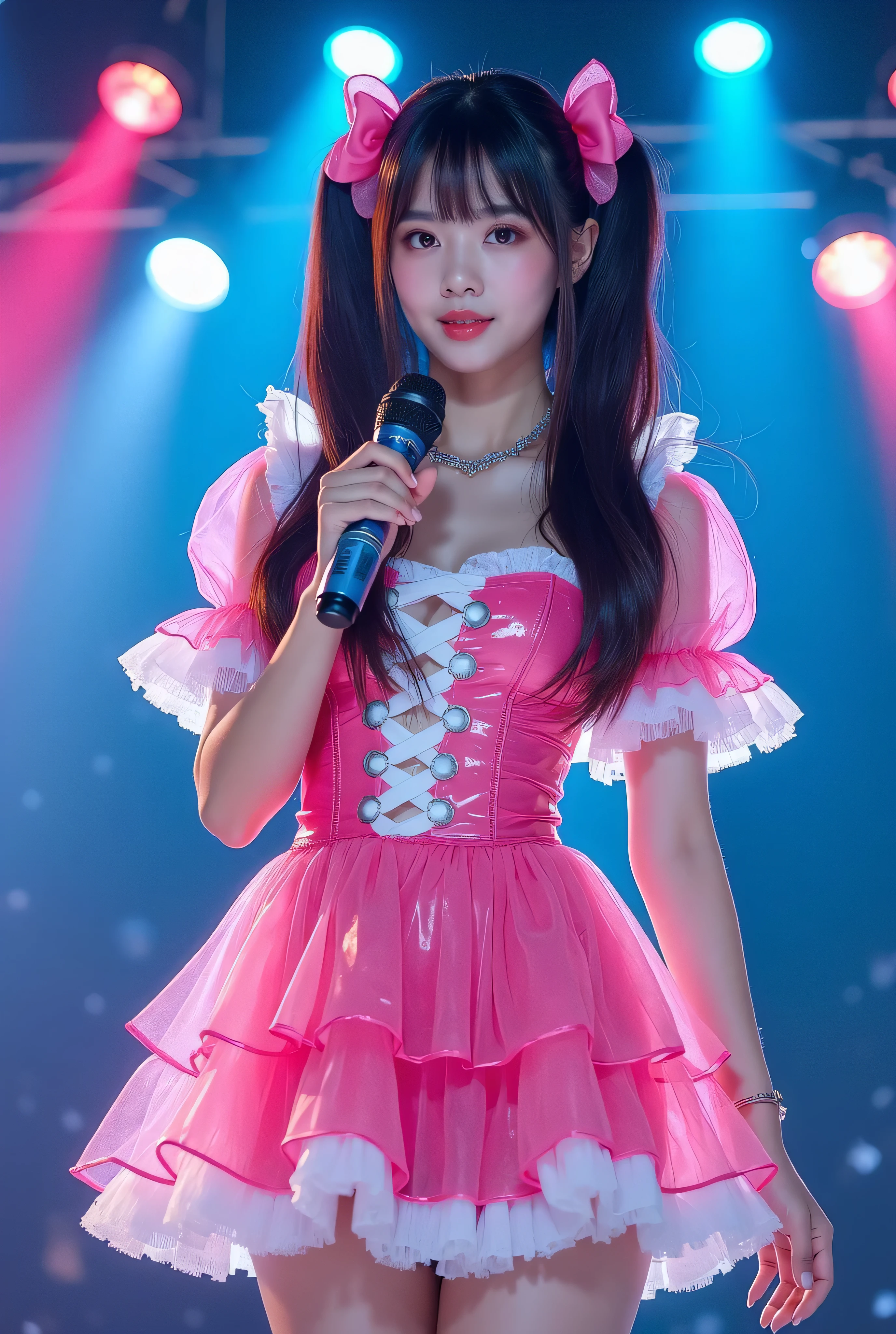 Create a highly detailed, realistic image of a young woman with long, dark hair styled with two small pink bows on either side. She is wearing a vibrant and transparent shinning glossy pink short dress that has a layered, frilly design with white ruffled edges on the sleeves and neckline. The dress has intricate lace-up details on the front, with white ribbons crisscrossing over the bodice. A large, white bow is tied around her waist, and the skirt is layered with multiple ruffles, alternating between white and pink frills. The upper part of the dress has a mix of white and blue accents, especially around the shoulders, giving it a lively, idol-like appearance. The girl’s expression is cheerful and playful, with a radiant smile, captured both in performance and posing with a slightly pensive look. Ensure that her outfit appears shiny and glossy, reflecting stage lights, and incorporate a vivid, performance-like atmosphere in the background. Some Lights shooting around, she hold microphone, head thighs portrait,