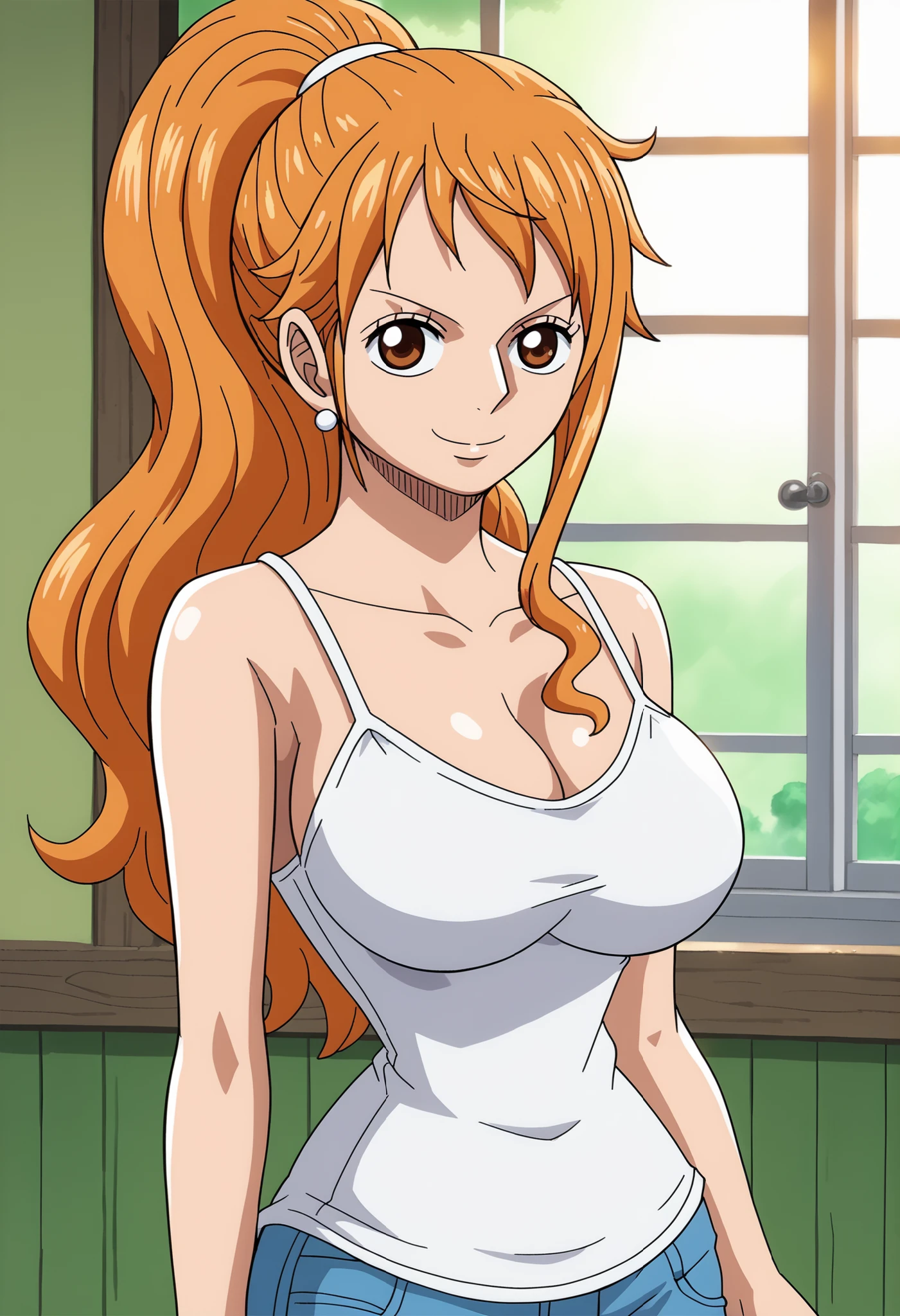 score_9_up, best quality, cowboy shot, anime_source, anime style, (SOLO:1.7), 1girl, Nami, orange hair, (white comesole:1.6), morning, (ponytail:1.7), (serious smile:1.3), (curvy body:0.7),), (slightly looking at the viewer:1.2) (Medium breasts:1.5), jeans