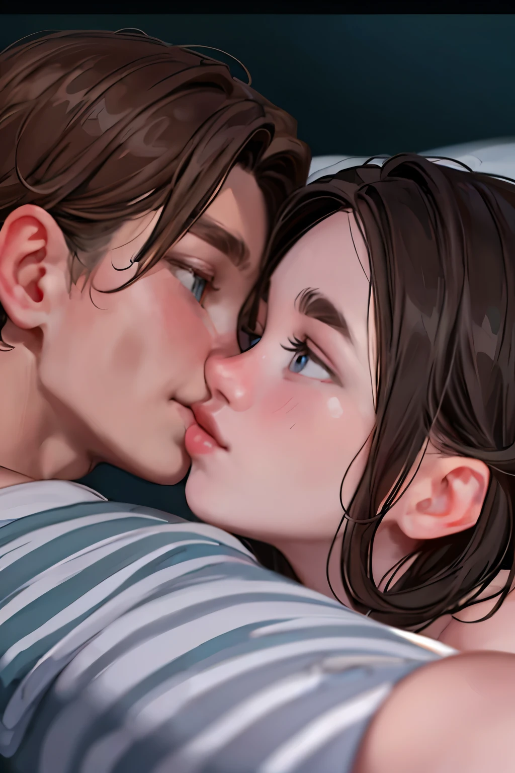 Amazing portrait of a sexy and woman wearing a black and white striped t shirt and a dark green skirt kissing and making out passionately with a shirtless boy on the bed in an intimate setting