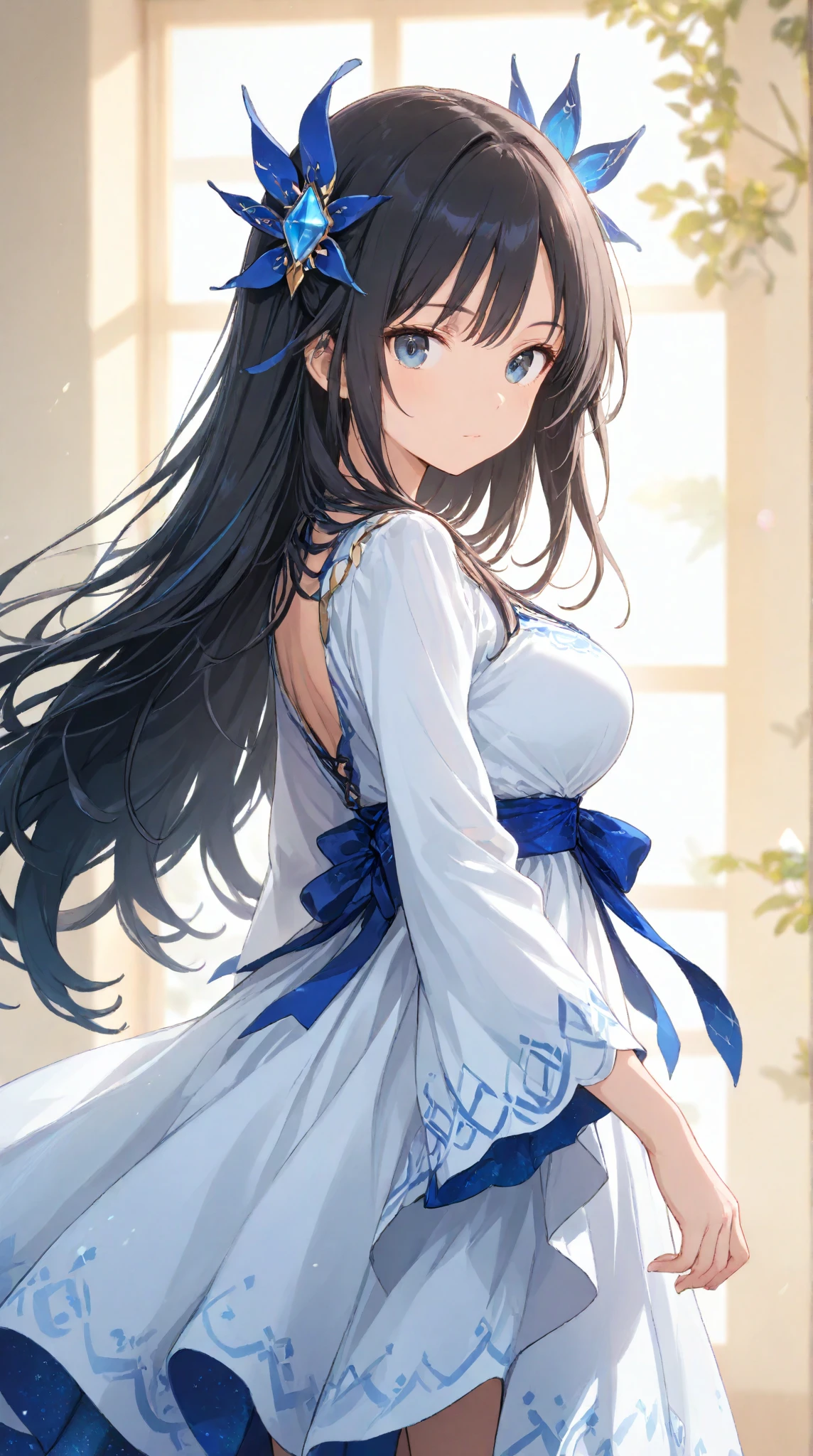 best quality, extremely detailed,anime style girl,long hair down to the waist, straight hair, ((dark black hair with bluish)),((crown braid)),beautiful detailed eyes, pinched eyes, (dark blue eyes),huge breasts,curvy,((((girl with penis)))),((((Futanari)))),((((covered penis)))),cutie casual clothing((((Fluffy skirts)))),Fine decoration,clothing with complex patterns,smile,((café)),dynamic angle,