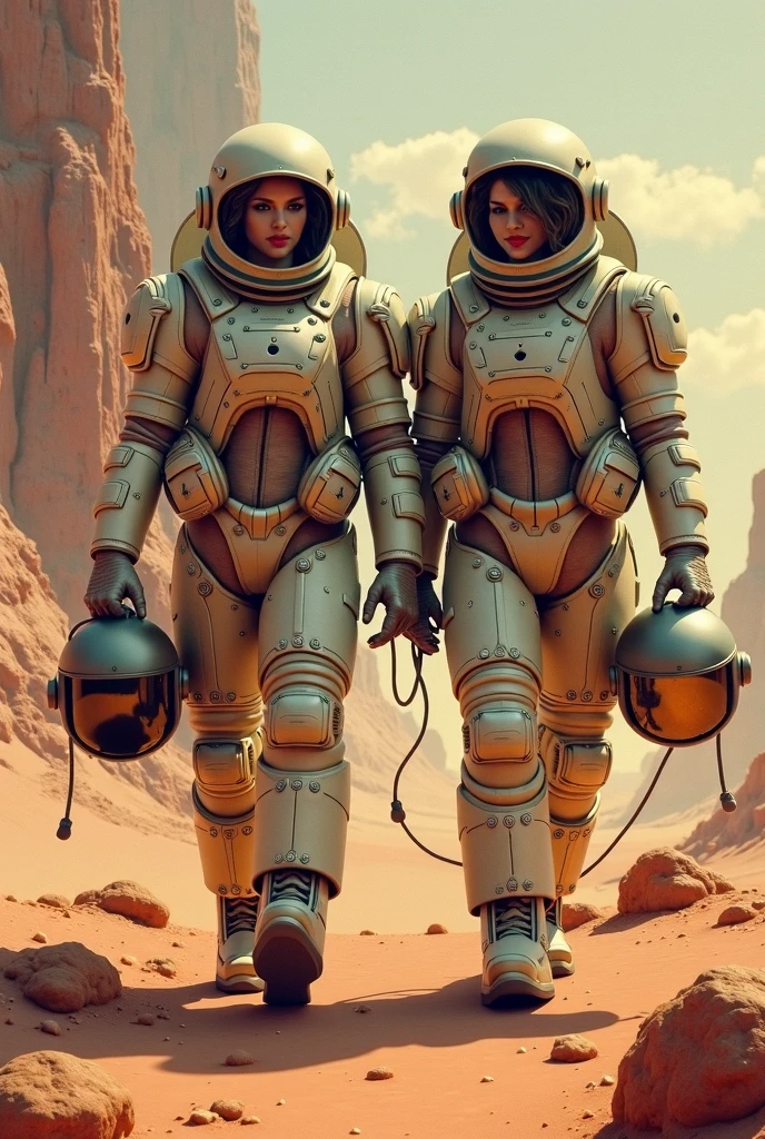 arafed image of a woman and man in a futuristic suit with a spaceship in the background, movie art, in front of an orange background, inspired by Robert McGinnis, female protagonist, megastructure in the background, portrait of an ai astronaut, astronauts, an astronaut, portrait of a astronaut skeletor, perfect android girl, frank franzzeta and sakimichan