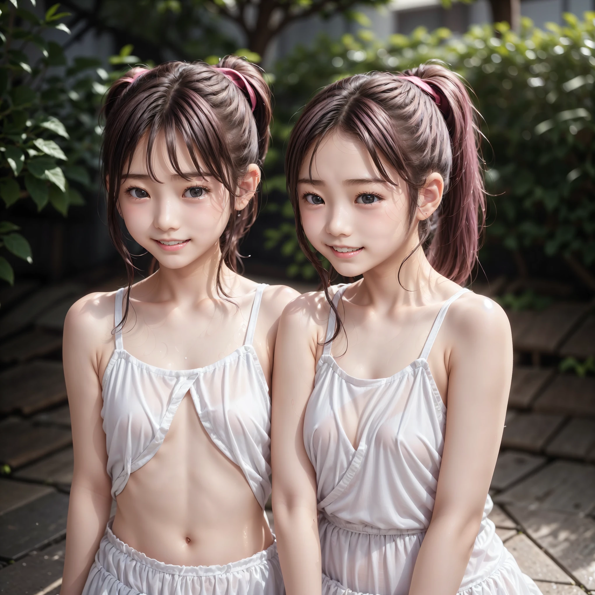 Two cute Japanese girls whose clothes are wet in the rain and their nipples can be seen through、Pink ponytail's hair is violently tousled due to strong winds、、smile、(flat chested:1.4)、(thin)