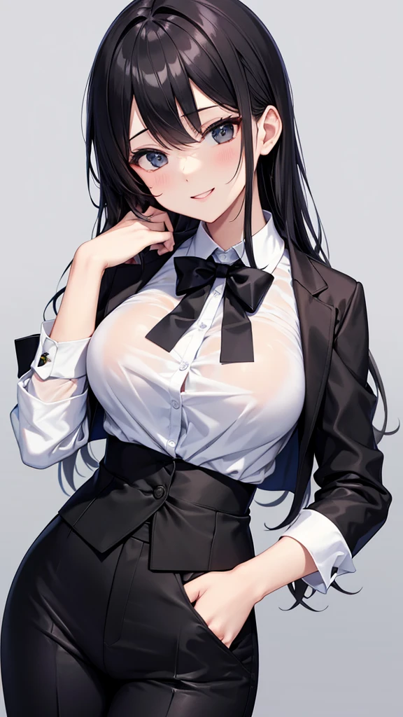 A woman in a black suit tie smile Black gloves
