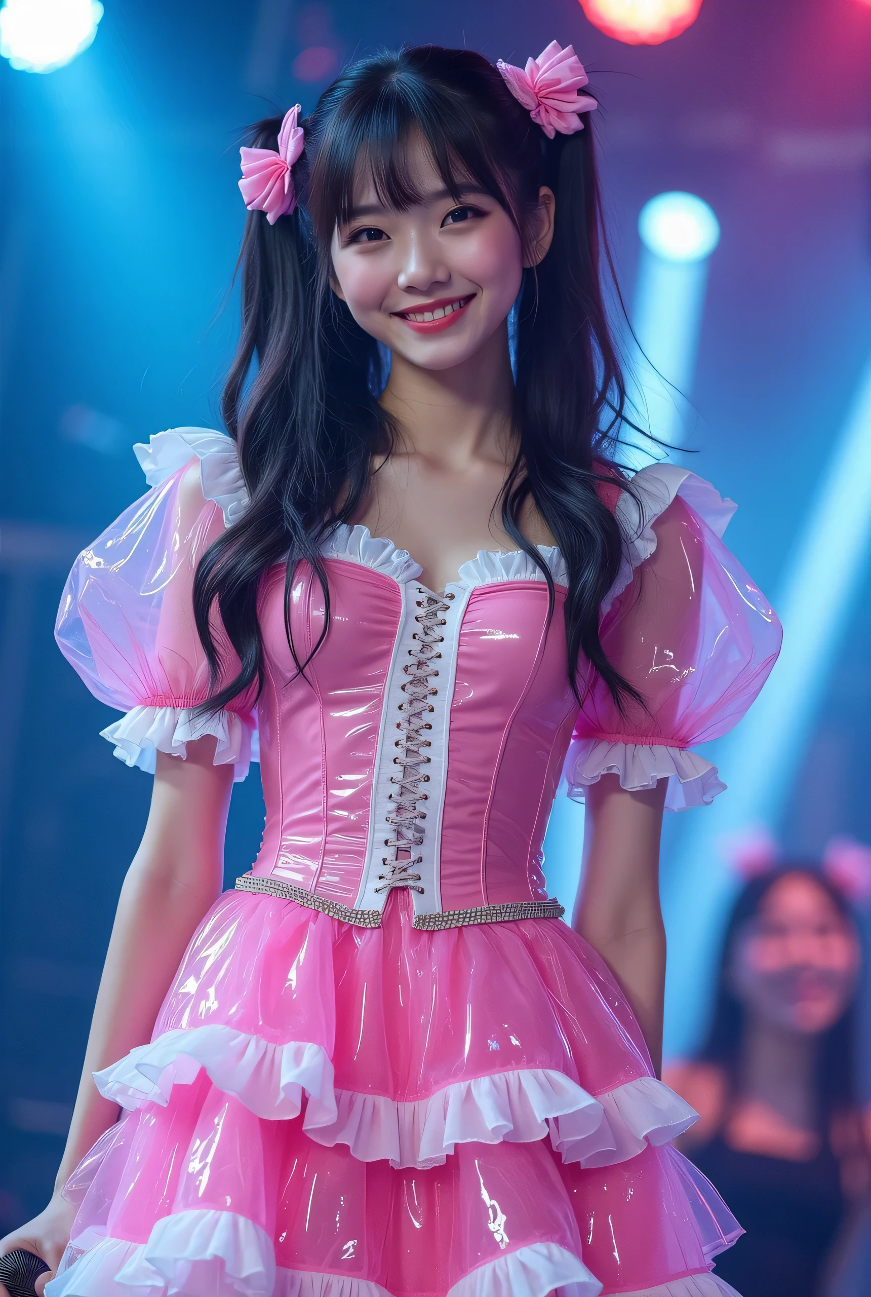 Create a highly detailed, realistic image of a young woman with long, dark hair styled with two small pink bows on either side. She is wearing a vibrant and transparent shinning glossy pink short dress that has a layered, frilly design with white ruffled edges on the sleeves and neckline. The dress has intricate lace-up details on the front, with white ribbons crisscrossing over the bodice. A large, white bow is tied around her waist, and the skirt is layered with multiple ruffles, alternating between white and pink frills. The upper part of the dress has a mix of white and blue accents, especially around the shoulders, giving it a lively, idol-like appearance. The girl’s expression is cheerful and playful, with a radiant smile, captured both in performance and posing with a slightly pensive look. Ensure that her outfit appears shiny and glossy, reflecting stage lights, and incorporate a vivid, performance-like atmosphere in the background. Some Lights shooting around, she hold microphone, head thighs portrait,