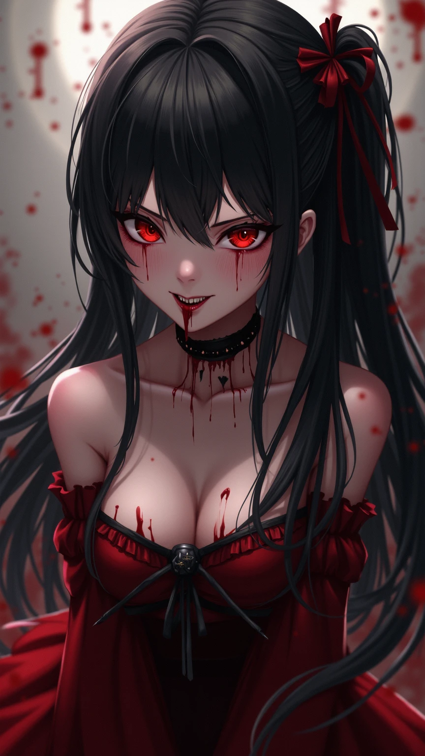 Vampire Girl,Fangs:1.37,Blood stains at the corners of mouth,Imitating Zheng Xiaorong's style, Simplicity, Simple design,White background,Soft tones,Soft lighting and subtle shadows, Sharp focus and high resolution.
