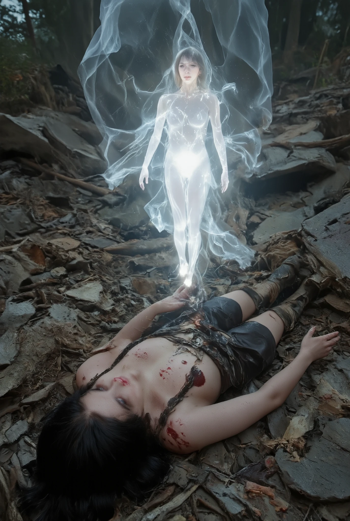A beautiful, luminous, transparent, black-haired female soul leaves her mortally heavy, wounded, bloodied female warrior body lying on a battlefield, dressed in primitive warrior clothes, and floats upward.