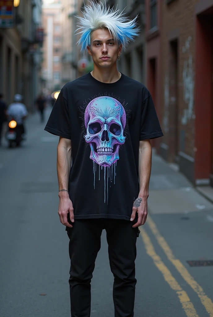 A series of t-shirts designed with a focus on digital art and street culture. Each shirt showcases a different holographic design that appears to move and shift as the wearer moves. The graphics include elements like digital skulls wrapped in glowing wires, abstract human faces with glitch effects, and futuristic symbols. The shirts are oversized, with a relaxed fit and a slightly longer length. The color palette is dominated by black and metallic tones, with accents of neon green, blue, and purple