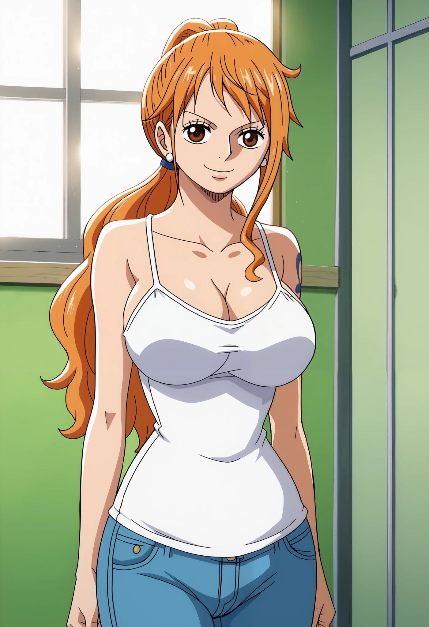 score_9_up, best quality, cowboy shot, anime_source, anime style, (SOLO:1.7), 1girl, Nami, orange hair, (white comesole:1.6), morning, (ponytail:1.7), (serious smile:1.3), (curvy body:0.7),), (slightly looking at the viewer:1.2) (Medium breasts:1.5), jeans