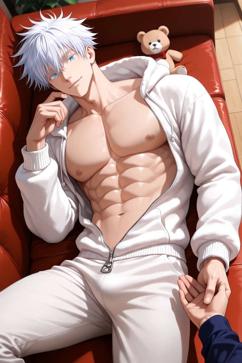 Anime guy about 16 without outerwear. Muscular with 6-pack abs and back. With white hair. Lying on the bed.