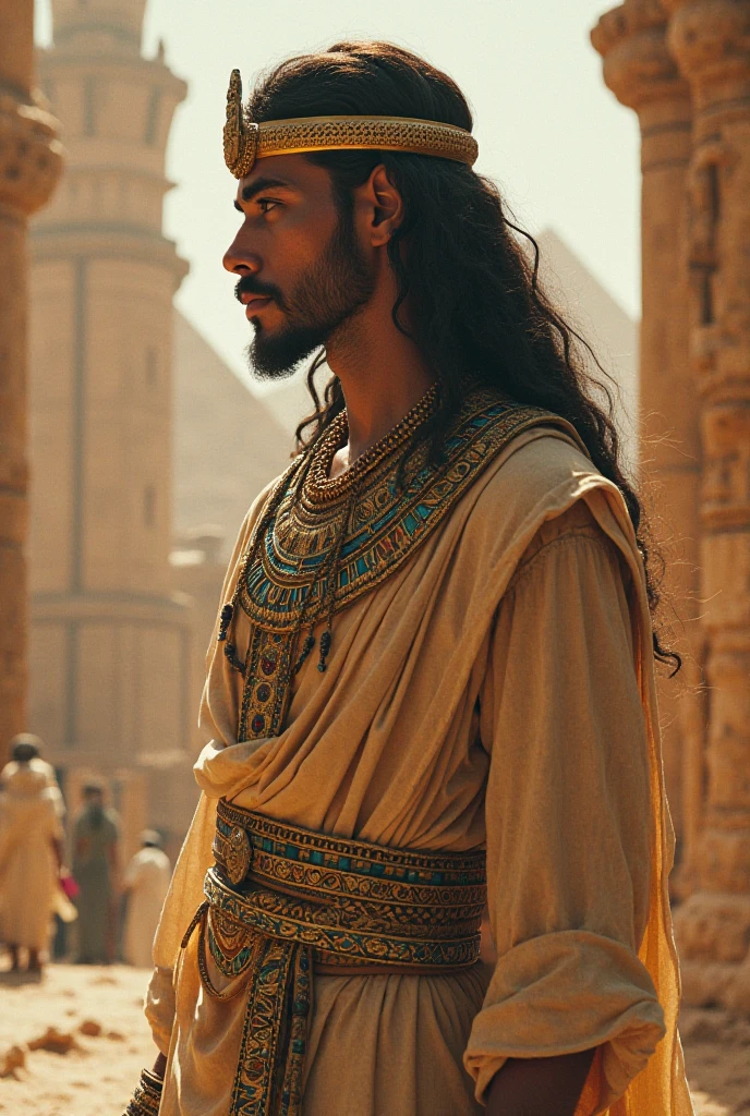 Man in his 40s. with olive skin and long, black, muscular hair, wearing cream-colored medieval-style clothing , Egyptian man