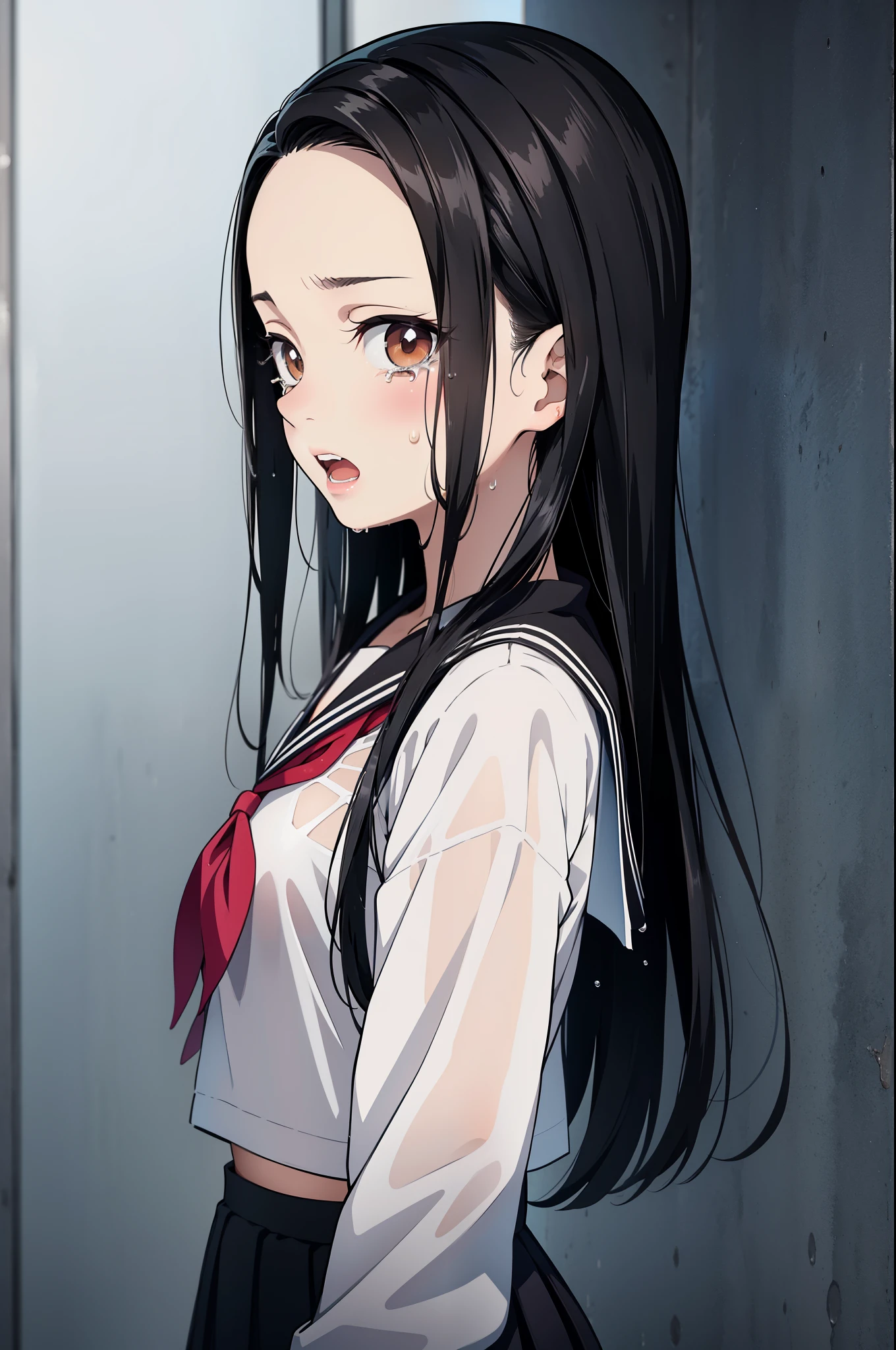 (masterpiece, best quality:1.2), nsfw, kimetsu no yaiba style, kiyomi, (1girl, solo), 18years old, (upper body, portrait), (front view, looking at viewer), (black long hair, straight hair), brown eyes, (crying tear drops, open mouth), (serafuku, sailor suit, wet see-through, (small breasts, bra)), pleated skirt