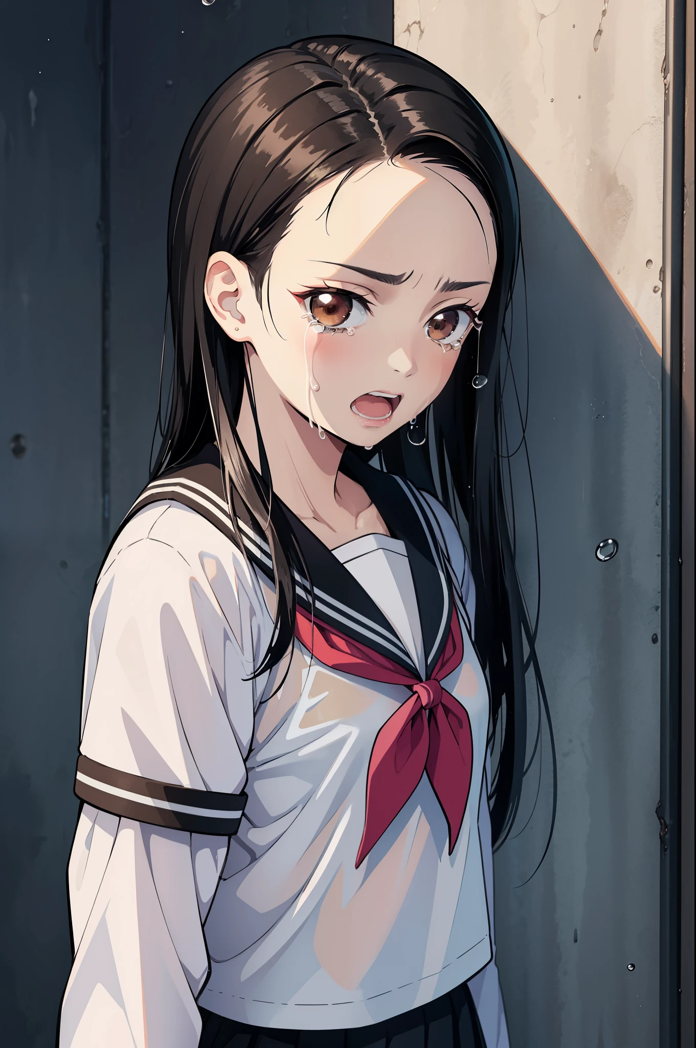 (masterpiece, best quality:1.2), nsfw, kimetsu no yaiba style, kiyomi, (1girl, solo), 18years old, (upper body, portrait), (front view, looking at viewer), (black long hair, straight hair), brown eyes, (crying tear drops, open mouth), (serafuku, sailor suit, wet see-through, (small breasts, bra)), pleated skirt