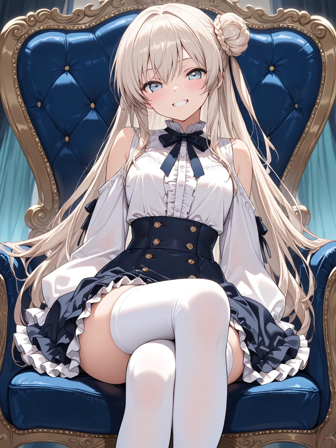 (best image quality, masterpiece:1.2), (super detail drawing), NSFW, (very cute little princess:1.3), (1 girl:1.2), alone, (shoot from below) ,(condescending expression) NSFW, gorgeous queen dress, sitting on the throne chair, queen's crown,、(just々hall々and attitude:1.2)、(Bossy attitude:1.2)、(show panties:1.2), (cute panties)、(realパンティー)、(realキャメルトー:1.2)、(Light-coloredパンティー)、whole body, , (Blonde short-cut hair), , (white knee high socks:1.2), evil smile, mean face, female brat smile, luxury palace room, fancy room,,Release your knees and spread your legs, beautiful feet, Show the soles of your feet