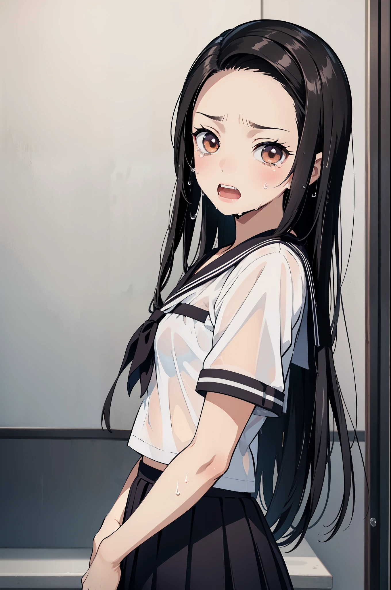 (masterpiece, best quality:1.2), nsfw, kimetsu no yaiba style, kiyomi, (1girl, solo), 18years old, (upper body, portrait), (front view, looking at viewer), (black long hair, straight hair), brown eyes, (crying tear drops, open mouth), (serafuku, sailor suit, wet see-through, (small breasts, bra)), pleated skirt