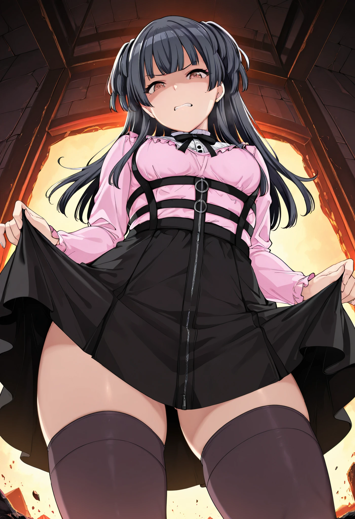 ((anime:)),,,,((best quality)), ((highly detailed)),(((sketch:))) extremely detailed face, beautiful face,((1girl)),((solo)),((shiny skin))((looking at viewer:1.25)),yunyun, crown braid, hair ornament, hair bow,,((black clothes:1.25)),black hair,pink necktie, ((red eyes)),(long sleeves),((miniskirt:1.15)) (pink skirt:1.25), ((cleavage:1.25))((huge breasts:1.32)),,((hanging breasts:1.25)),nsfw,, (((skirt lift:1.35))),((thick thighs)),((curvy:1.05)),((pussy:1.35)),((outdoors:1.25)),,,((stairs:1.5)),((standing:)),((nose blush:1.45)),(bad mood:1.05),,(,closed mouth), ((black thighhighs:1.25)((black thighhighs:1.25))BREAK ((brown boots:1.15)),,((from below:)),