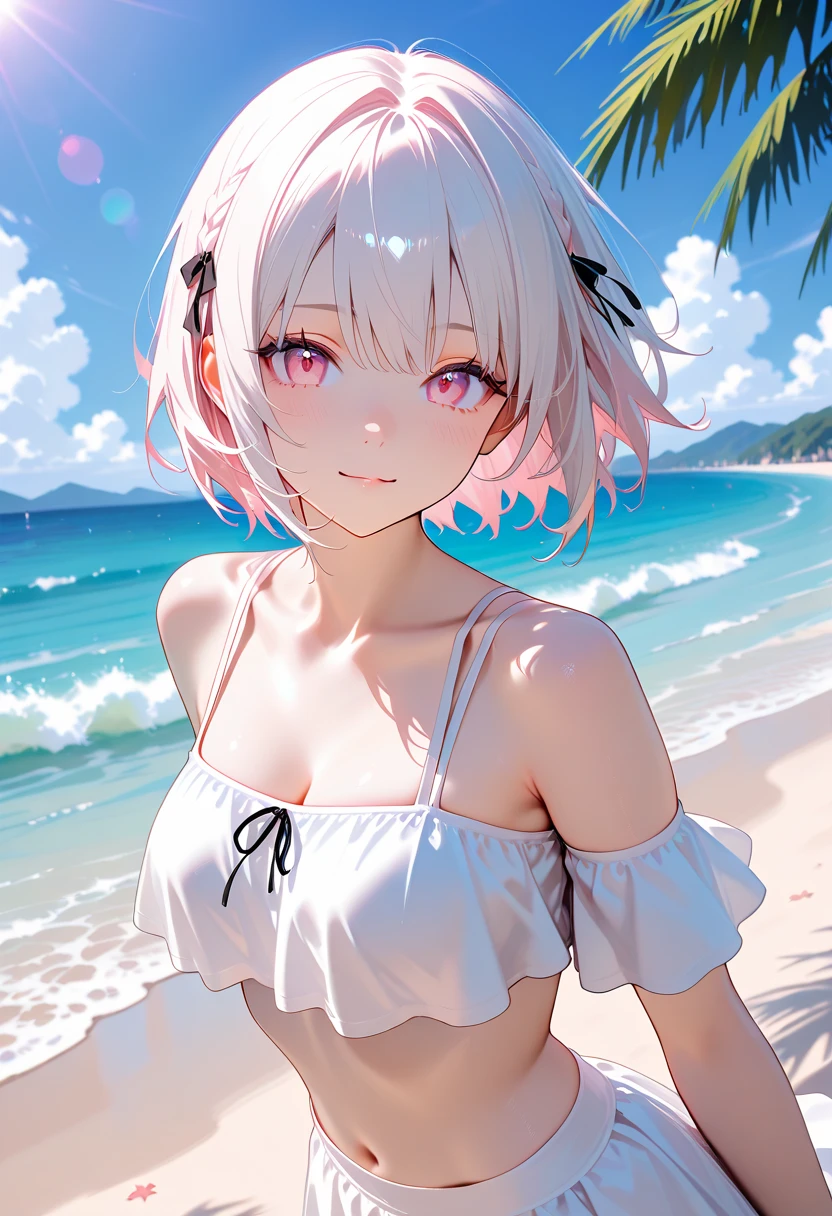 One 15-year-old girl, ((Sexy Bikini))、(Grey hair colour,Red-pink inner color hairstyle), Beautiful Hair, Facial Contour, Remember, Ocean, sunlight、splash, Lens flare,, Natural Color, High resolution, Very delicate, Very detailed, 8k,(There is only a slight swelling of the chest,About B cup)、Shyness,((Sexual)),((Sexy feeling))、View angle from below