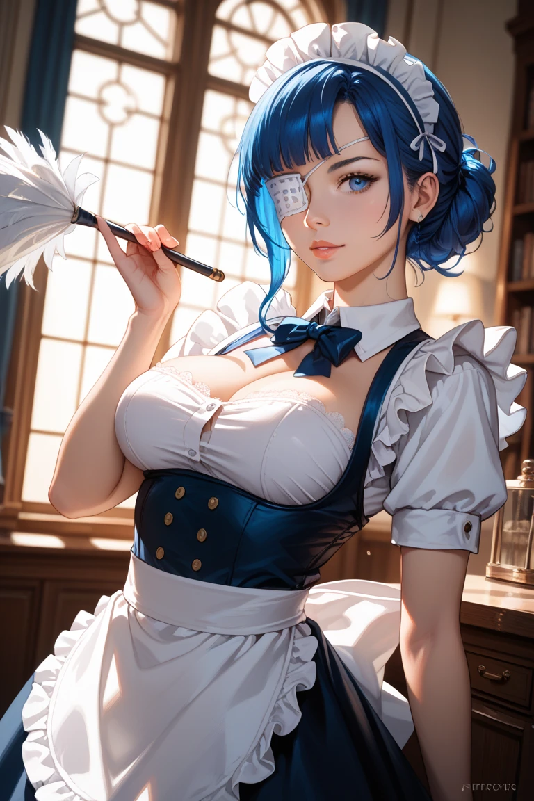 a beautiful detailed girl with long blue hair, wearing a maid headdress, large breasts, with bangs covering one eye, in a sexual act in a forest, pixel perfect, ultra detailed, hyperrealistic, 8k, (best quality:1.2), (realistic:1.37), (photorealistic:1.37), extremely detailed, high resolution, masterpiece, studio lighting, physically-based rendering, vibrant colors, cinematic lighting