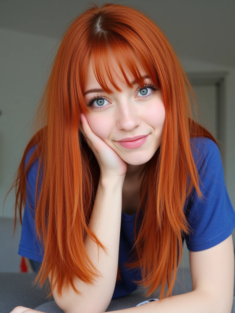 I want you to generate the image of a young girl for me, maximum age 20 years minimum age 15 with red hair along with red cat ears, He has big gray eyes and a smile on his face