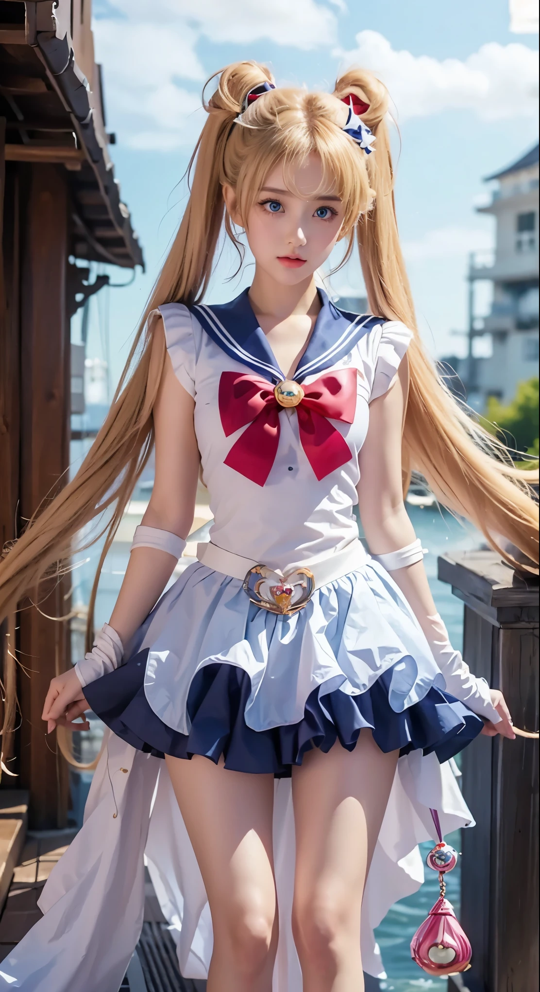 sailor girl sitting on a rock with her hands on her knees, anime girl cosplay, anime cosplay, sailor moon style, inspired by Sailor Moon, the sailor moon. beautiful, by Sailor Moon, cosplay photo, sailor moon!!!!!!!!, full-cosplay, cosplay, glamourous cosplay, anime girl in real life, sailor moon aesthetic, sailor uniform, professional cosplay, publicity cosplay, sad face, fat body, curvy,  thin lips, shiny lips, blue eyes. realistic 