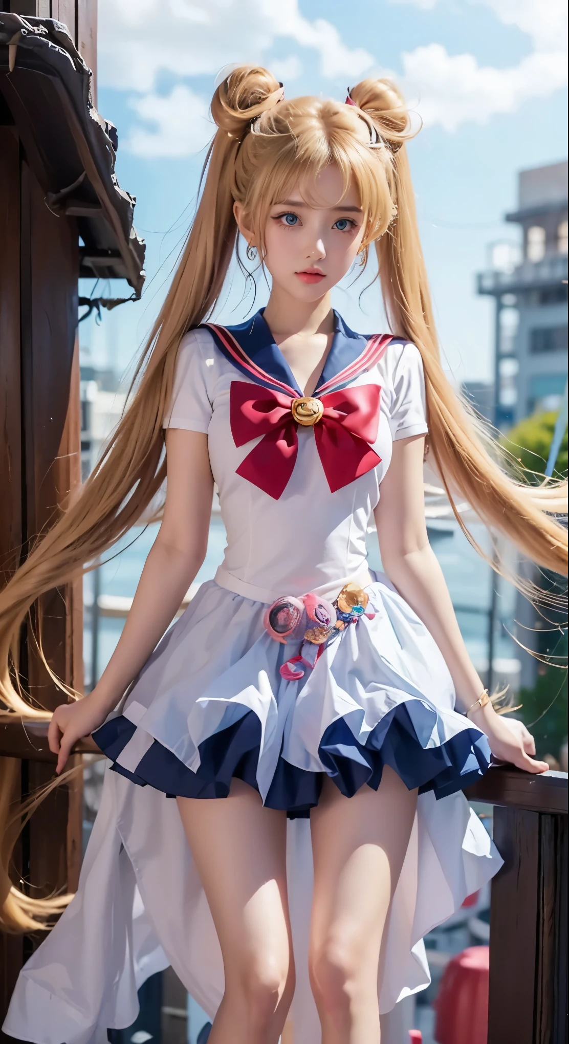 sailor girl sitting on a rock with her hands on her knees, anime girl cosplay, anime cosplay, sailor moon style, inspired by Sailor Moon, the sailor moon. beautiful, by Sailor Moon, cosplay photo, sailor moon!!!!!!!!, full-cosplay, cosplay, glamourous cosplay, anime girl in real life, sailor moon aesthetic, sailor uniform, professional cosplay, publicity cosplay, sad face, fat body, curvy, thin lips, shiny lips, blue eyes. realistic
