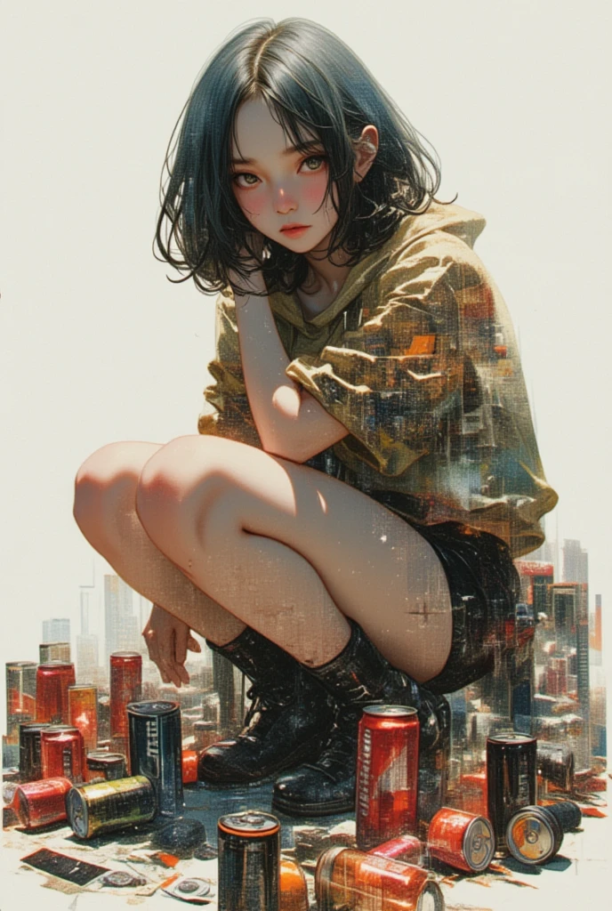perfect ligthing, bloom, cinematic lighting,detailed background, 1girl, solo, brown eyes, black choker, black hair, black shirt, bottle, brown eyes, can, choker, clothes writing, collar, earrings, jacket, kneehighs, long sleeves, looking at viewer, print shirt, shirt, shoes, short hair, sitting, sleeves past wrists, sneakers, socks, solo, striped, striped legwear, cowering, BREAK abandoned observatory, rusted telescopes, shattered glass, cosmic graffiti, silent echoes, celestial memories, overgrown pathways <lora:add_detail:1> , ((Ground Level Shot)),