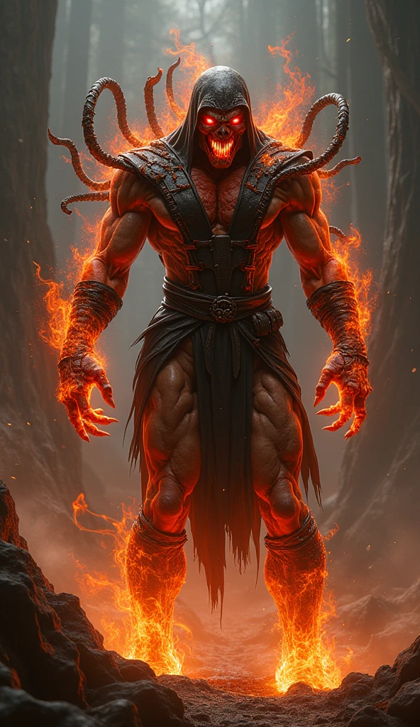 Lapu lapu depicting a lava body and crown of fire with a fiery and scary kampilan with bone handle and a traditional Filipino tattoo and a lean and athletic body with a face of burning skeleton 
