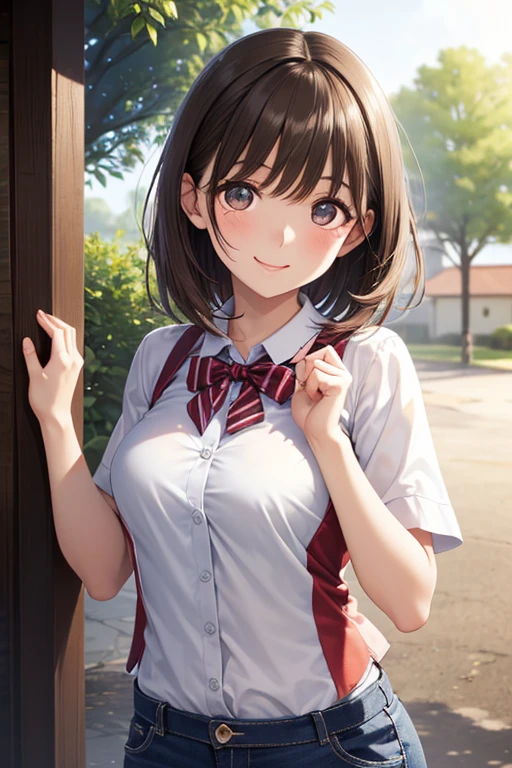 (Get on all fours with your ass facing me)、((Tabletop, Highest quality, High resolution, Hmph, Pixel Perfect, 4K, Hmph, Hmph))), One Girl, single, alone, beauty、The whole body is visible、 ((Mid-wave hair, bangs, Brown Hair)), ((Brown eyes, Beautiful eyelashes, Realistic eyes)), ((Detailed face, Blushing:1.2)), ((Smooth texture:0.75, Realistic texture:0.65, Realistic:1.1, Anime CG Style)), Center of chest, Dynamic Angle, Perfect body, ((Red bow tie, , , White shirt, Black plaid skirt)), classroom、Looking up from below、Very embarrassing panic smile, 、、(The wind flipped up her skirt, Exposing your buttocks....................、Flip up your skirt with both hands、Her white and pink floral lace panties are completely visible)、My whole body is wet