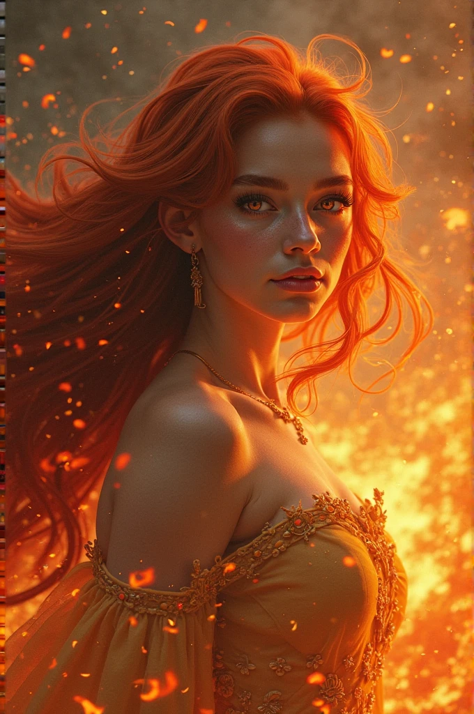 A woman with red hair and a green dress stands in front of a fire, Deusa dos cabelos ruivos, pele laranja e cabelo ardente longo, fiery coloring, cabelo de fogo, chamas a cercam, cabelos longos de fogo, A Rainha do Fogo, her hair is on fire, lindos cabelos longos de fogo, retrato bonito da arte da fantasia, aparece como a deusa do fogo, bela arte de fantasia, estilo de arte de fantasia