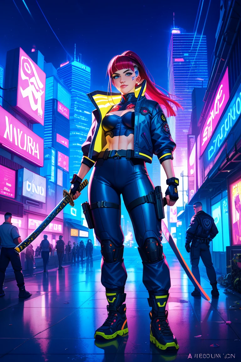 ((1 girl:1.3, solo))、absurdres, ultra-detailliert, digitial illustration, Meticulously drawn hair, Meticulously drawn eye, Glossy realistic skin texture、Smooth texture、shiny skin、Sexy body, ((cyberpunk))、((jojo posing:1.3))、((arched back))、glaring look、((Being in midnight city:1.2))、((back view:1.5))、((sleeveless:1.2))、((torn and ripped:1.3, hot pants:1.4, highleg:1.4))、((latex))、((crop top navel:1.2))、((wedgie:1.2))、((huge hip:1.3))、Sharp Focus, full body