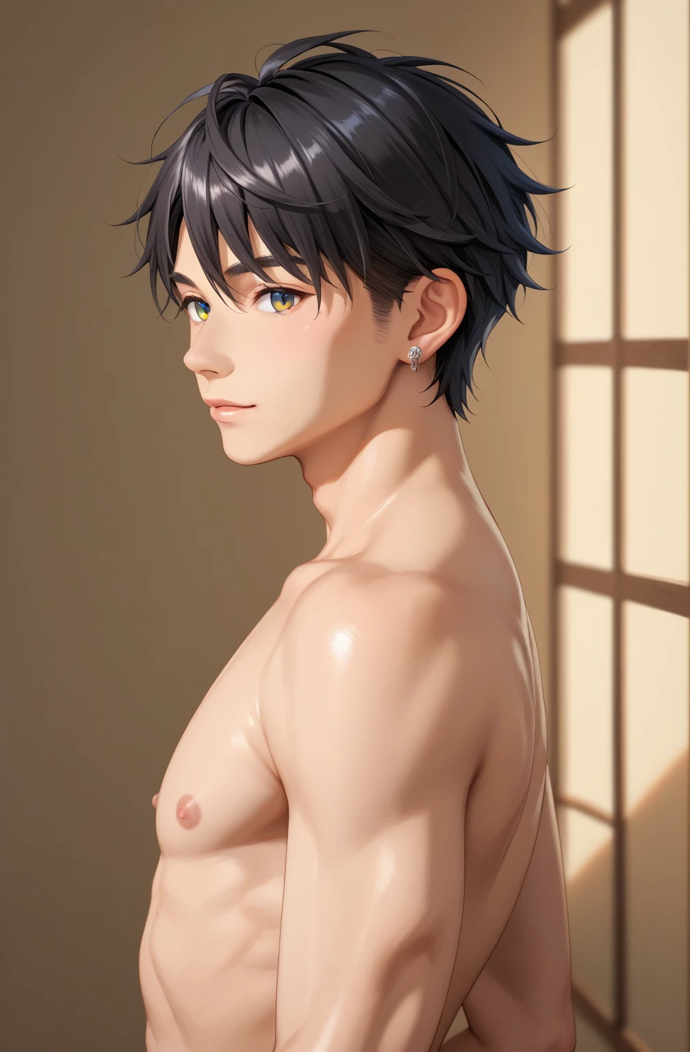 (absurderes、A high resolution、ultra - detailed)、tmasterpiece、top-quality、12-Years-Old-Boy,younge boy、独奏、A handsome、short detailed hair、brunette color hair、eBlue eyeinely eye and detailed face、Seen from the side, Shirtless, Topless, Bare chest,、Real shadows、joy、Connect the ears、The upper part of the body