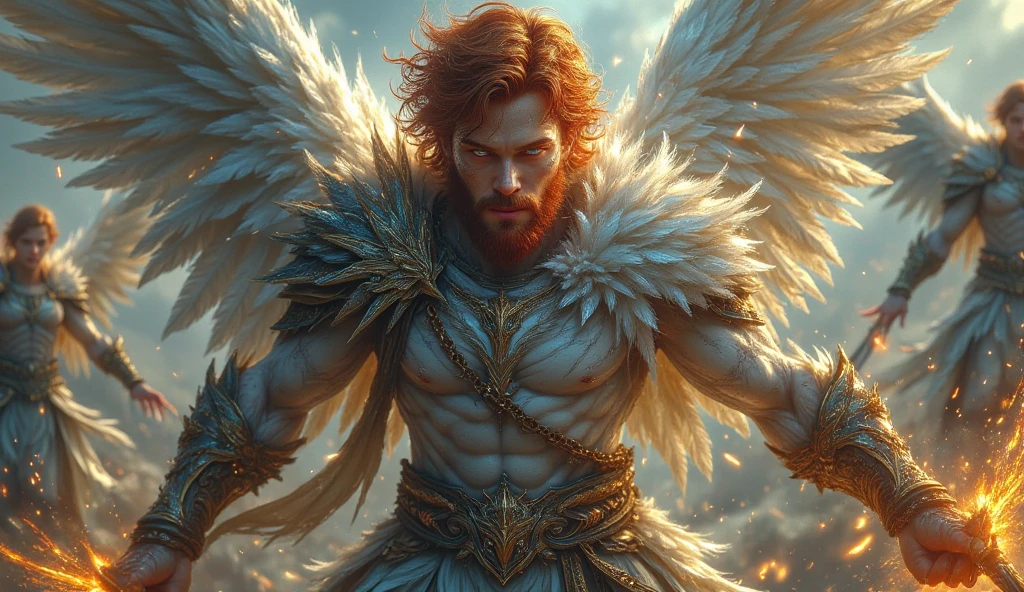 He is an Archangel. He has very long auburn hair that reaches the middle of his back, adorned with a few braids and decorated with feathers. He is extremely tall with a beard and dark brown eyes. He is known as a gentle giant. Wearing Lingerie