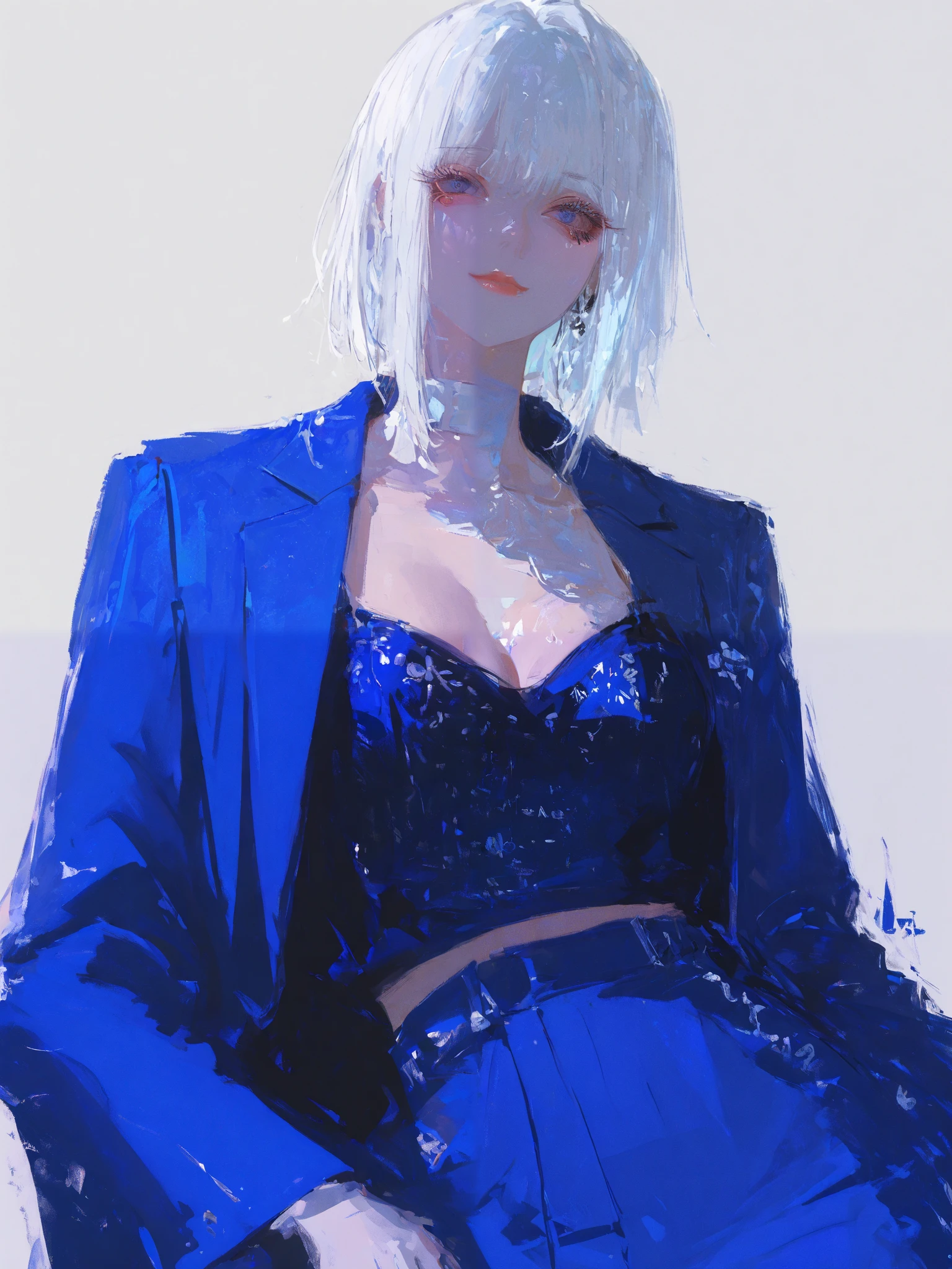 masterpiece, is best, amazing quality, is very beautiful, The bust of a beautiful woman,Tomboy, exquisite facial features, , this woman with long white hair is wearing a blue suit, Open the chest, showing cleavage., didn't wear underwear, add bold colors, intricate details. The atmosphere is very elegant, exudes confidence and style. solid background , The light shines on her face from above