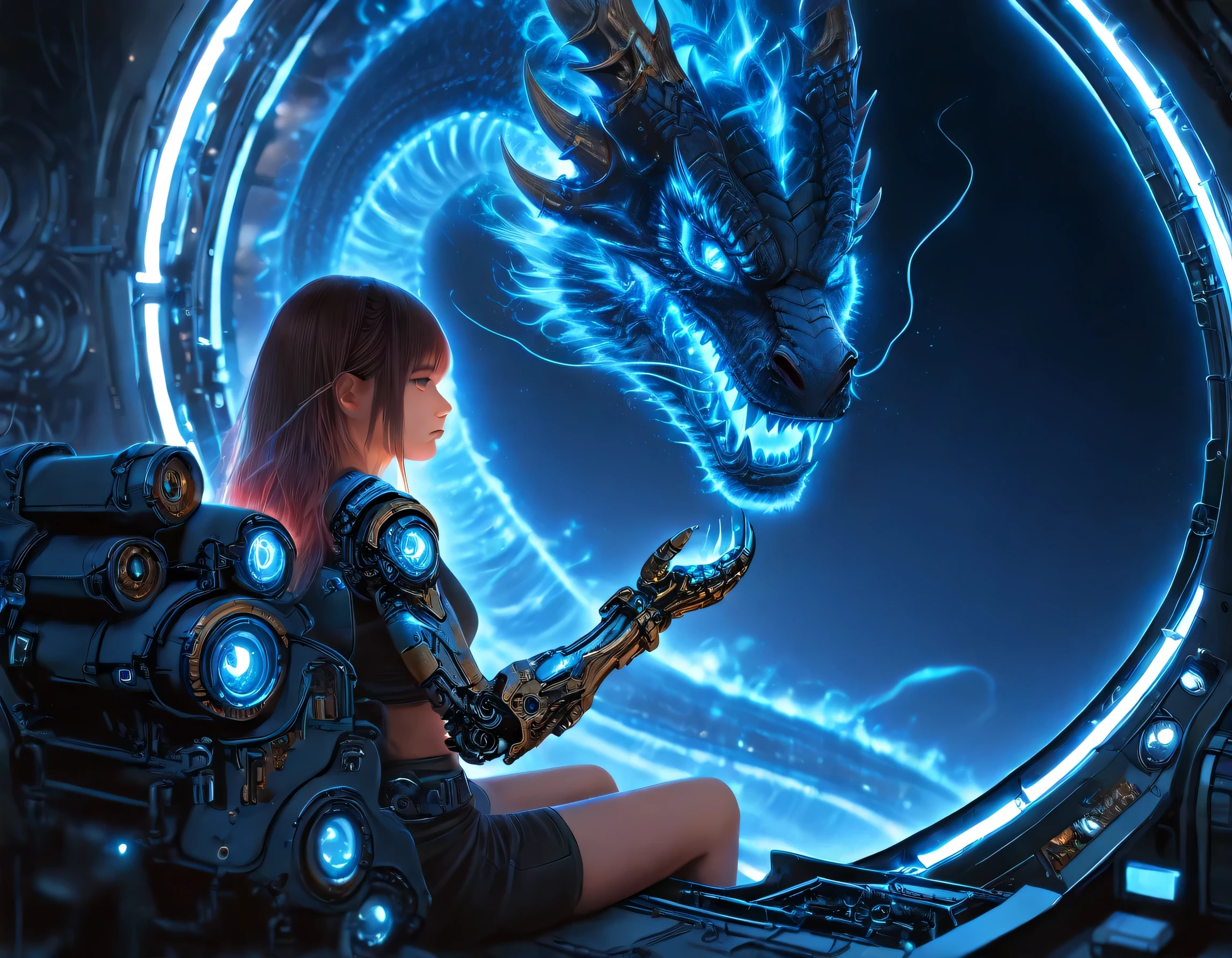 1girl, solo, (prosthetic hand), sitting on spacecraft, (blue light), dragon claw gloves, cinematic lighting, dramatic shadows, intricate details, photorealistic, highly detailed, 8k, hyperrealistic, concept art, digital painting, dramatic atmosphere, advanced rendering, volumetric lighting, depth of field, color grading, rich textures, seamless blend