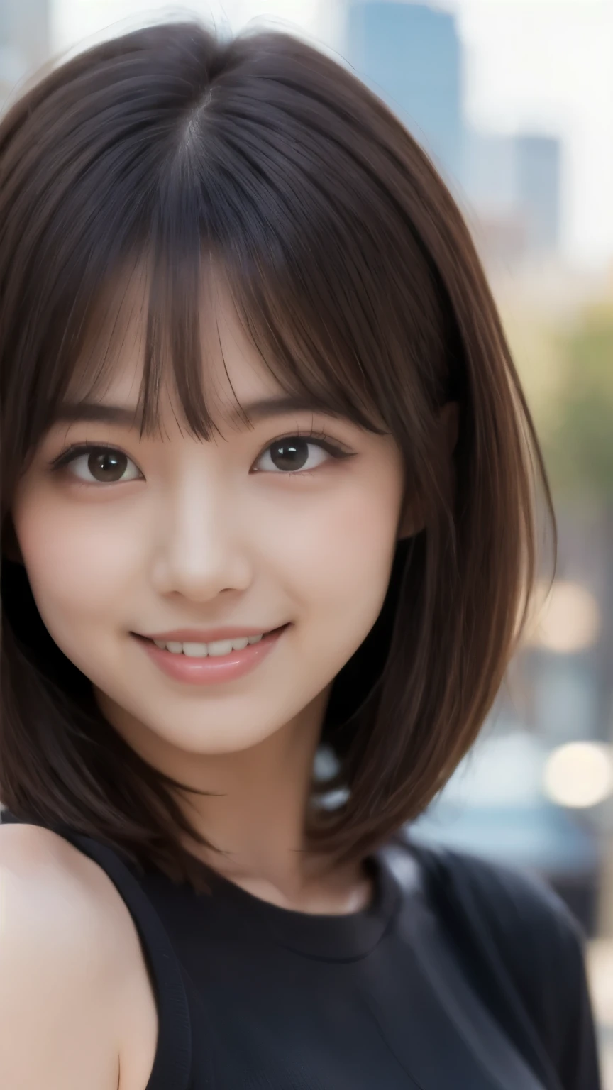 (8k, RAW photos, best quality, high resolution: 1.1), (ultra-realistic: 1.4), (realistic, photorealistic: 1.3), soft light, girl, , Japan person, realistic face, realistic body, realistic skin, , absurdity, masterpiece, (cute: 1.8), cuties, solo, (large: 1.2), detailed black eyes, innocent eyes, cheeks, (one piece: 1.2), Cinema Light, Film Grain, Short Hair, ((Big: 1.1)), Cherry Colored Lips, Close Up, Look Viewer, Upper Body, Open Lips, Upper Teeth, (Smiling Eyes: 0.6), ((grinning: 1.2)), Depth of Field, Blurred Background, Eye Focus, Bokeh, Downtown, 85mm Lens, f/1.4, Professional Lighting, Young, Portrait, Photon Mapping, Radiocity, physically based rendering