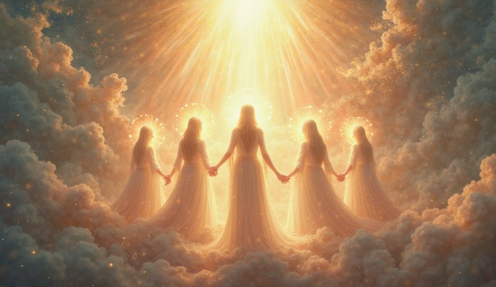 Painting of a flower-filled field with the sun shining, Ultra-fine detailed paintings, Psychedelic Art, Visionary art, dreamlike sunraise, Heavenly Light, An angel of light, Visionary art style, Collective consciousness, Dreamscape painting, Dreamy Art, highly detailed Visionary art, Heavenly glow, Realm of life,Greek goddesses having a meeting in a circle