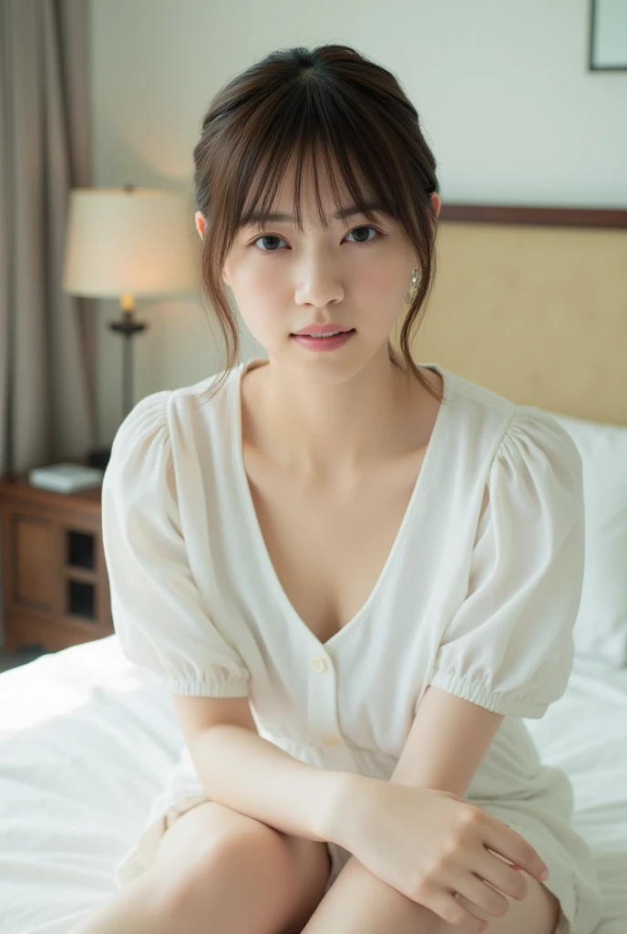 (8K、Raw photography、top-quality、​masterpiece:1.2)、(realisitic、Photorealsitic:1.37)、ultra-detailliert、超A high resolution、1 fair-skinned girl、see the beholder、beautifull detailed face、floated hair、profetional lighting、a bed、sprawl、((Light-colored pajamas))
