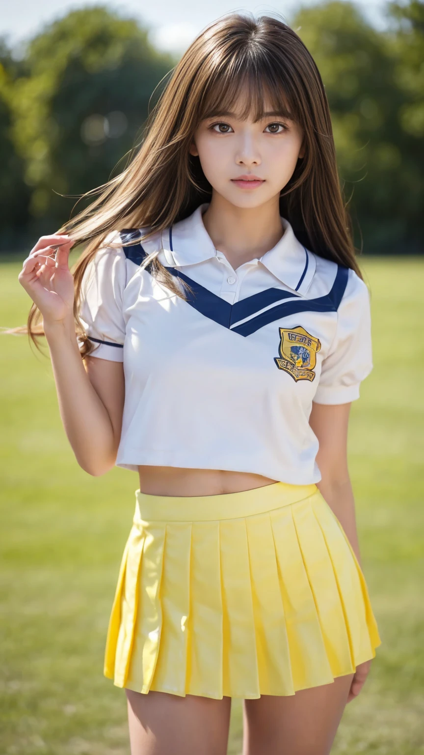 Neat college girl, petite person, (school uniform, summer clothes, short sleeves), outside the athletics field, (slim), photorealistic, detail, skin texture, ultra detail, delicate and sexy collarbone, smile, super detailed face, detailed lips, detailed eyes, double eyelids, breast enhancement, navel, constriction, small breasts, small, flat