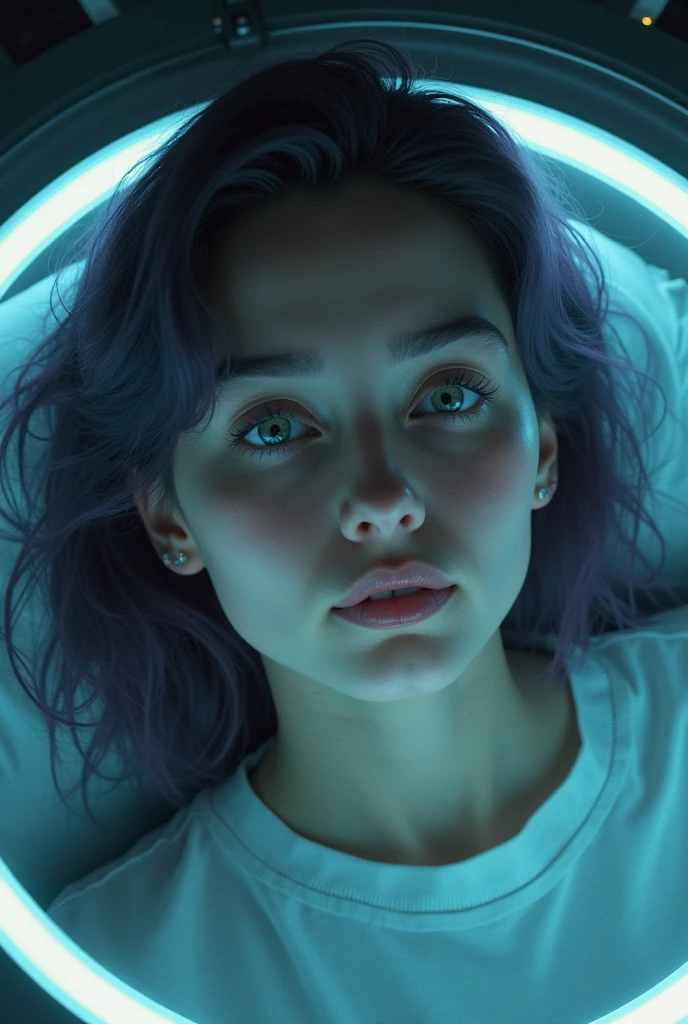 arafed woman laying in bed with headphones and a flashlight, piercing glowing eyes, leaked photo, with backlight, with glowing eyes, she has a glow coming from her, selfie photo, glowing face, 1 8 yo, (((((((no glow))))))), glowing eyes, flashing eyes, iphone selfie, on my bed, slight glow, perfectly lit face
