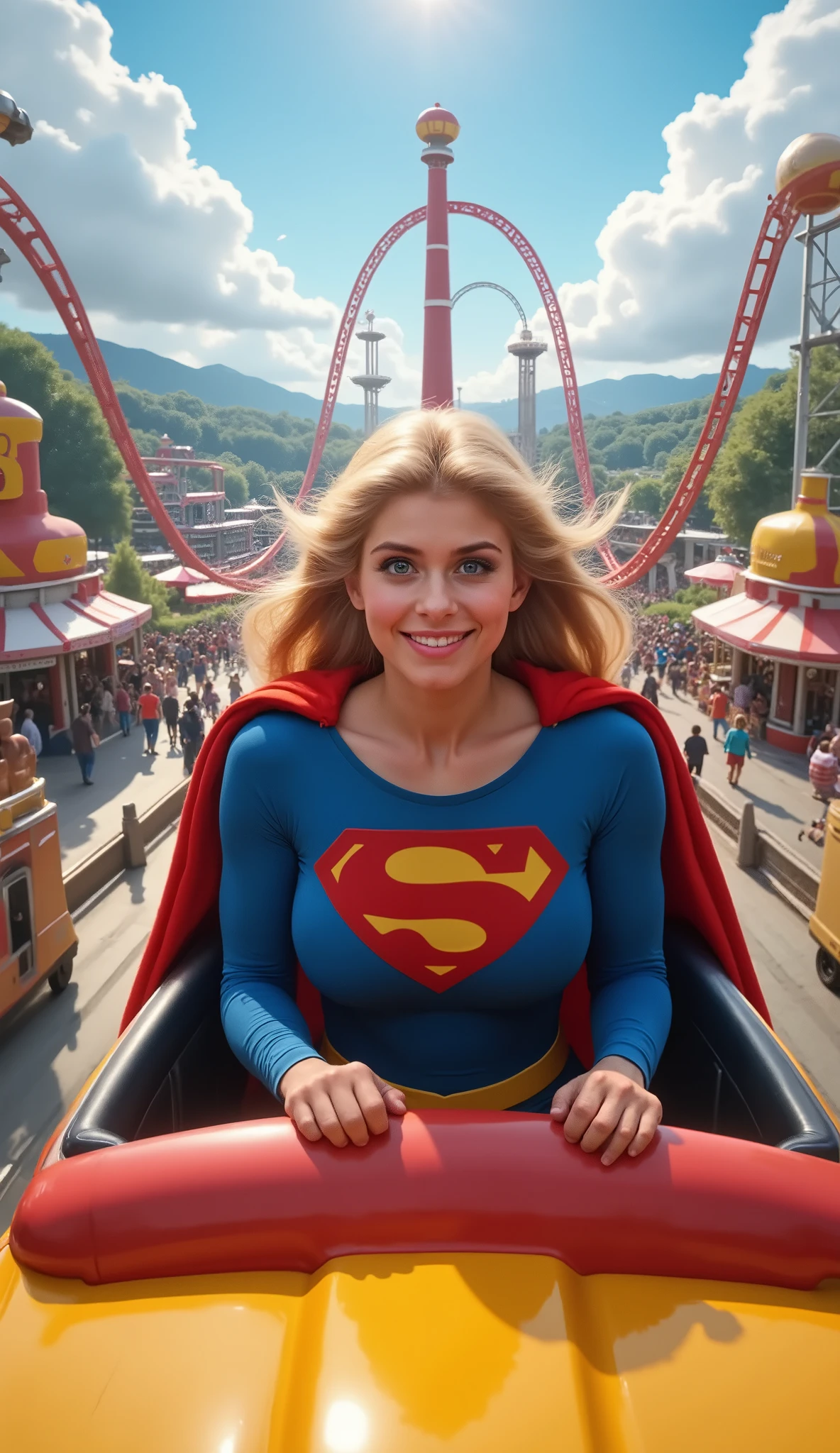 **"A highly detailed, ultra-realistic 8K image of Supergirl riding a thrilling roller coaster at Six Flags theme park, her iconic red cape billowing behind her as she speeds down a steep drop. She wears her classic blue and red Superman-inspired suit, with the bold 'S' emblem proudly displayed on her chest. Her blonde hair flows wildly in the wind, and her bright blue eyes shine with exhilaration as she throws her hands up in excitement. The sunlight casts a warm glow on her face, highlighting her youthful, radiant features.
The background showcases the bustling amusement park, with towering roller coasters, colorful rides, and joyful park-goers enjoying the day. The coaster’s bright red and yellow cars reflect the theme park’s energy, and motion blur adds a sense of high-speed action. The sky is a clear, brilliant blue, with fluffy white clouds drifting lazily above. The atmosphere is filled with excitement, with the cheers of riders and the distant sounds of carnival music blending into the scene.
Supergirl’s expression is a mix of pure joy and fearless thrill, perfectly capturing the fun, adventurous spirit of both a superhero and a theme park experience. The image is vibrant, action-packed, and full of life, creating a stunning and dynamic composition that makes the viewer feel as if they’re right there, riding alongside her."**