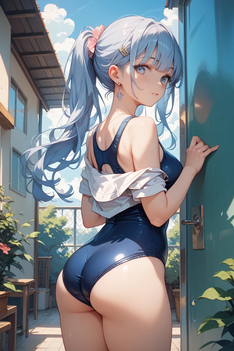 小さなgirl、Cowboy Shot、The arrival of spring、pantyhose、Thick thighs、Thick thighs、Thick thighs、 (alone:1.5,)Very detailed,Bright colors, Very beautiful detailed anime faces and eyes, ,Showing her ass, Shiny_skin,girl, ((Silver Long Hair,Inner color is red 、Forehead is exposed.、Green Eyes、、Shiny hair, Delicate beautiful face, blush、(Turquoise Eyes), White skin, Valletta, Earrings,、blue flower field、(((See-through one-piece swimsuit、White mini skirt)))、Twin tails、smile、Happy Face、face dyed red、On all fours