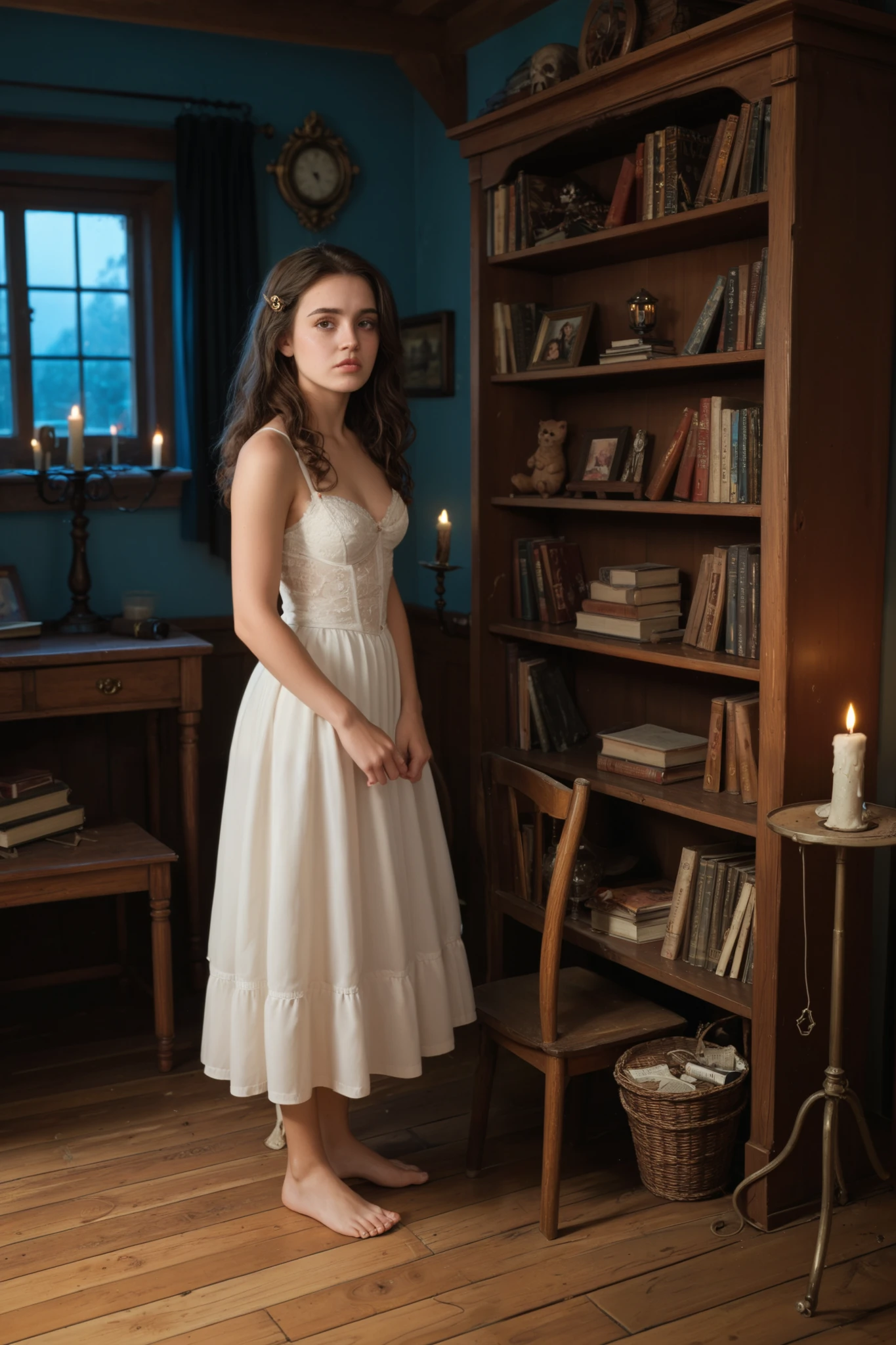 20 year old brunete witch looks at me knowing that i am very wounded .in her room.