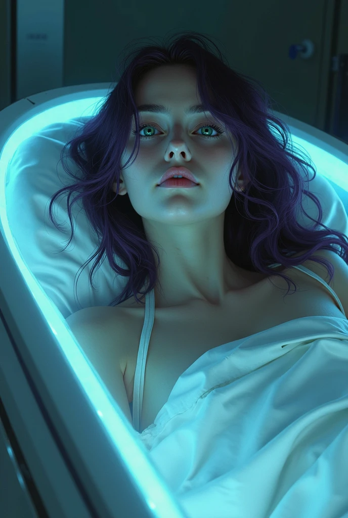 arafed image of a person laying on a table with a glowing body, 3 d neon art of a womens body, quality astral projection render, astral projection, in the astral plane ) ) ), floating in the cosmos nebula, astral travel, cosmic energy wires, floating in a cosmic nebula, galactic dmt entity, wake cyborgs from hypersleep, digital art