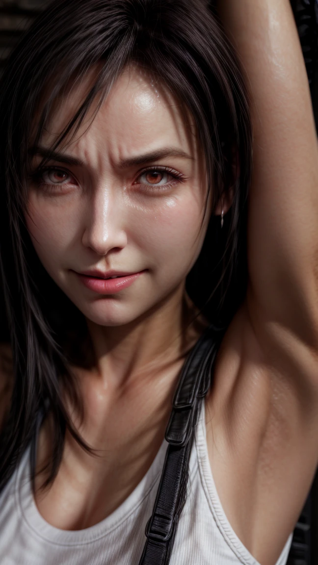 1girl, work out, (perfect anatomy 1.6)(precision 1.5)(masterpiece)happy face, long wavy hair, rouge skin, close up shot, perfect torso, thirty degrees left view, lean to the left, matches stick in the lips, bare shoulder, ((rip clothes 1.8)) t-shirt ((torn t-shirt 1.6)), wet, (super accurate 1.2)(super detailed 1.5), epic realism, photo art, cinematic portrait, highres 8k