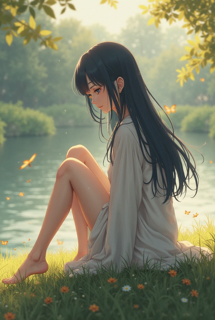 Anime girl sitting on grass by the lake，There are trees and water, anime beautiful peace scene, Anime Nature, anime nature wallpap, sitting at a pond, beautiful anime scenery, Beautiful anime, Beautiful anime artwork, beautiful anime art style, Smooth anime CG art, Beautiful anime girl, a beautiful anime portrait, beautiful anime scenes, style of anime4 K, anime styled digital art