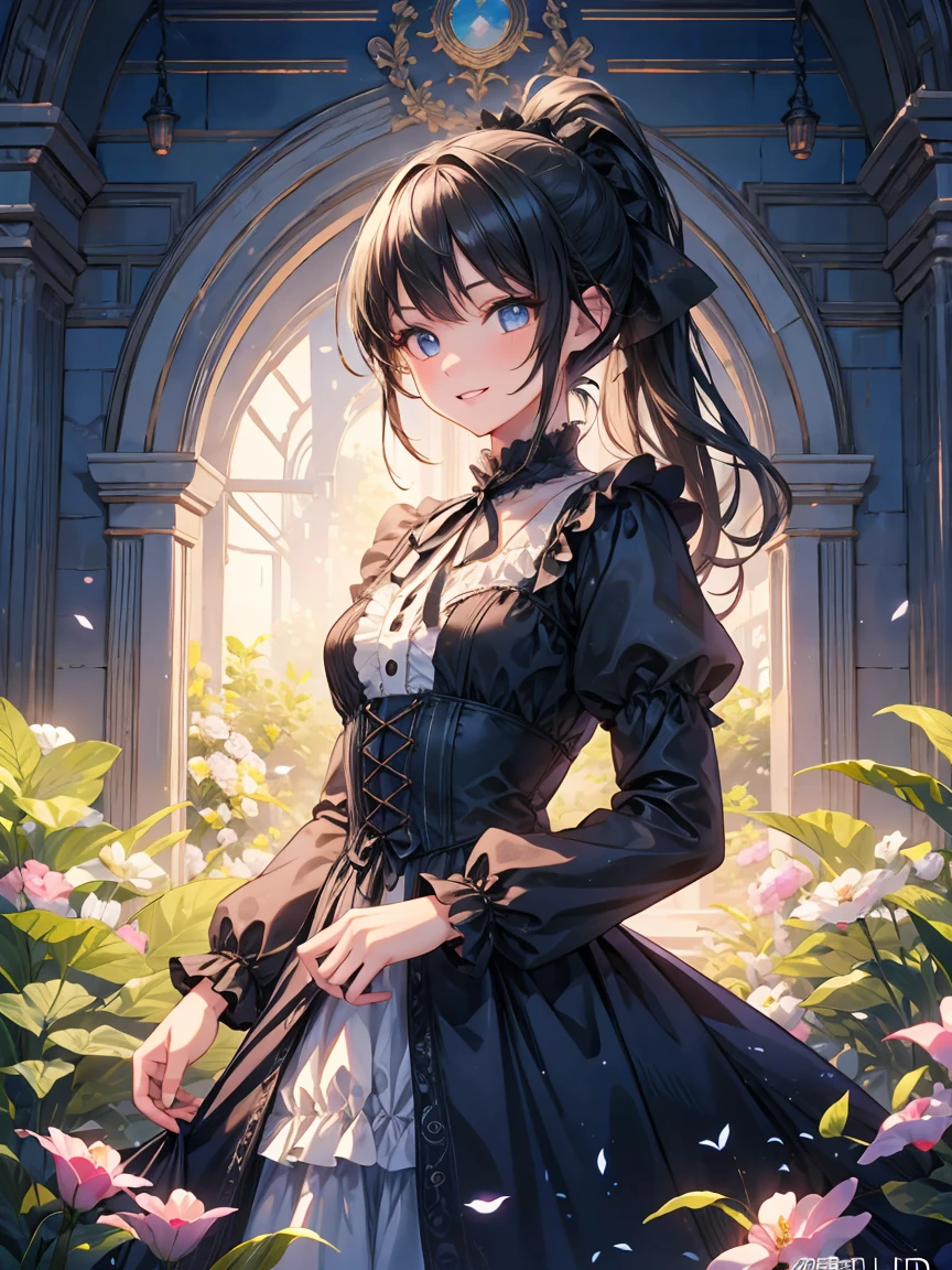(masterpiece:1.5),(Beat quality),(high res),1girl solo,beautiful face,smile(shining eyes),light effects,Woman in black gothic dress,The background is a park