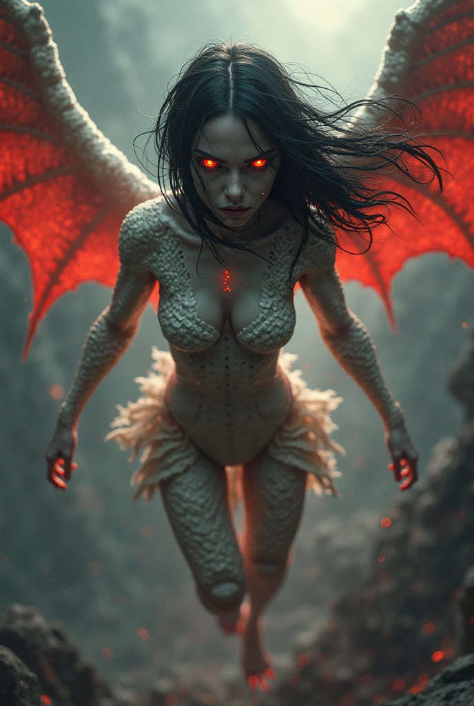 wabstyle, glowing, two-tone hair, dragon, mist, capelet, scales, (1girl:1.3,nude:1.4, topless:1.5), large breasts, long hair, sexy, wings, heaven, halo, skeleton,moster,ghost,horn, hell, fighting stance, dual wielding, dragon, fire, red moon, 1girl, ninja, solo, (photorealistic:1.4), cowboy shot, fog, mist, smoke, cinematic angle, fisheye, motion blur, zwdzhongfenghua,md,