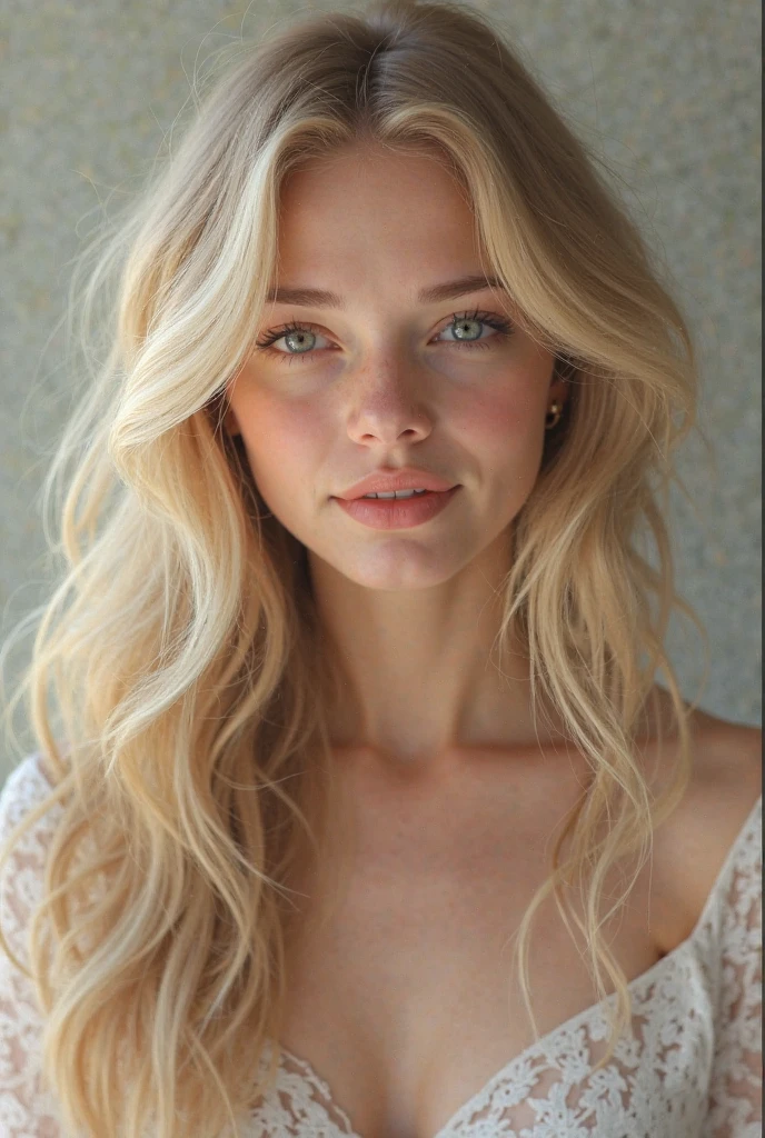
A 23-year-old blonde woman with large breasts in a hyperrealism style. She has blonde hair with light brown roots. Her hair is long, worn in a ponytail. she has blue eyes, and a tiny nose. She is beautiful and in the front view of a selfie taken with an iPhone. She is wearing a tight white T-shirt and short jean shorts, sitting on the beach. The selfie is of good quality, focusing on her cleavage.