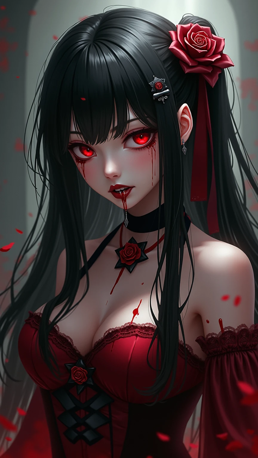 a portrait of a female vampire eating a (bloody cherry: 1.3), an exotic exquisite beautiful female vampire, dynamic hair color, wavy hair, dynamic eyes color, (glowing  eyes: 1.1), intense eyes, wearing glamour silk dress, intricate detailed dress, dynamic color dress, dynamic style dress, (eating  a large cherry soaked with blood: 1.3), blood dripping from the cheery,  whipped cream,  dark fantasy pastry shop background,  vibrant, Ultra-high resolution, High Contrast, (masterpiece:1.5), highest quality, Best aesthetics), best details, best quality, highres, 16k, [ultra detailed], masterpiece, best quality, (extremely detailed) RAW, (ultra details, Masterpiece, best quality),   Dark Art Painting Style, Intense gaze, blood, Cinematic Hollywood Film, art by mooncryptowow
