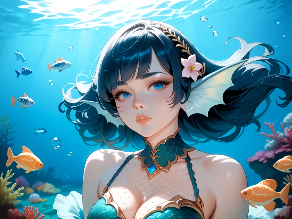 (highest quality、masterpiece、High resolution)、4K Anime Art、Reality、Beautiful mermaid woman、Sit on a big scallop chair、Underwater、Fine foam、Many beautiful fish swimming in the sea、Shimmering Scales、Vivid Coral、Seaweed、Remains of a sunken ship、
